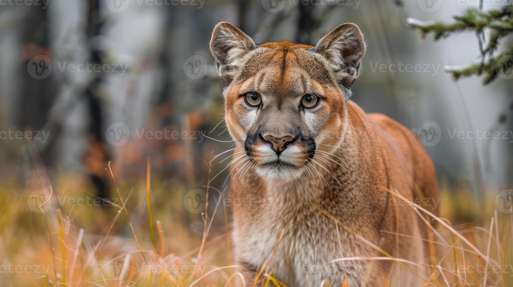 A majestic cougar prowls through a misty forest, surrounded by autumn foliage and trees photo