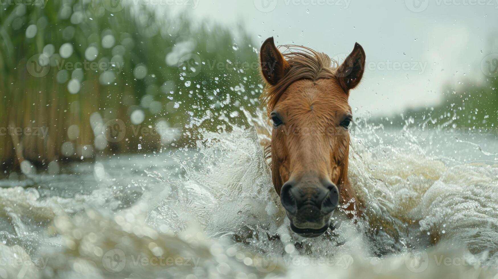 Majestic horse splashing through water in a lush green landscape, capturing a moment of freedom photo