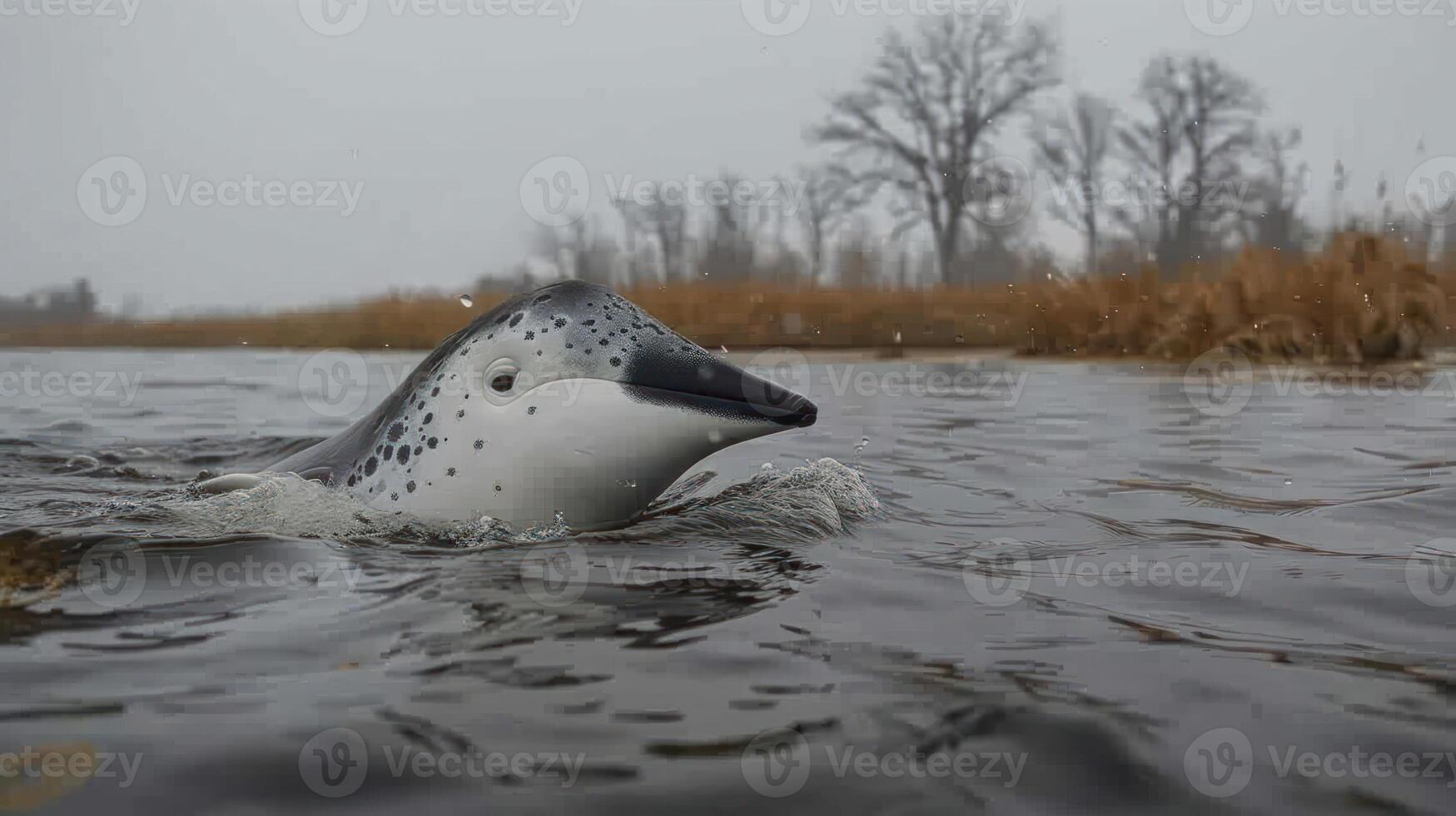 A serene scene of a swimming duck amidst a foggy wetland with distant trees and grass photo