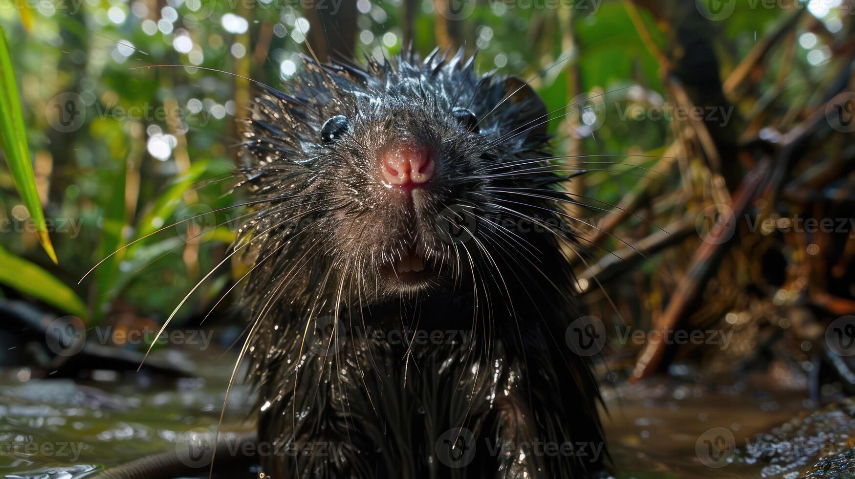 Close-up of a wet, curious mammal in a lush jungle environment, showcasing nature's beauty photo
