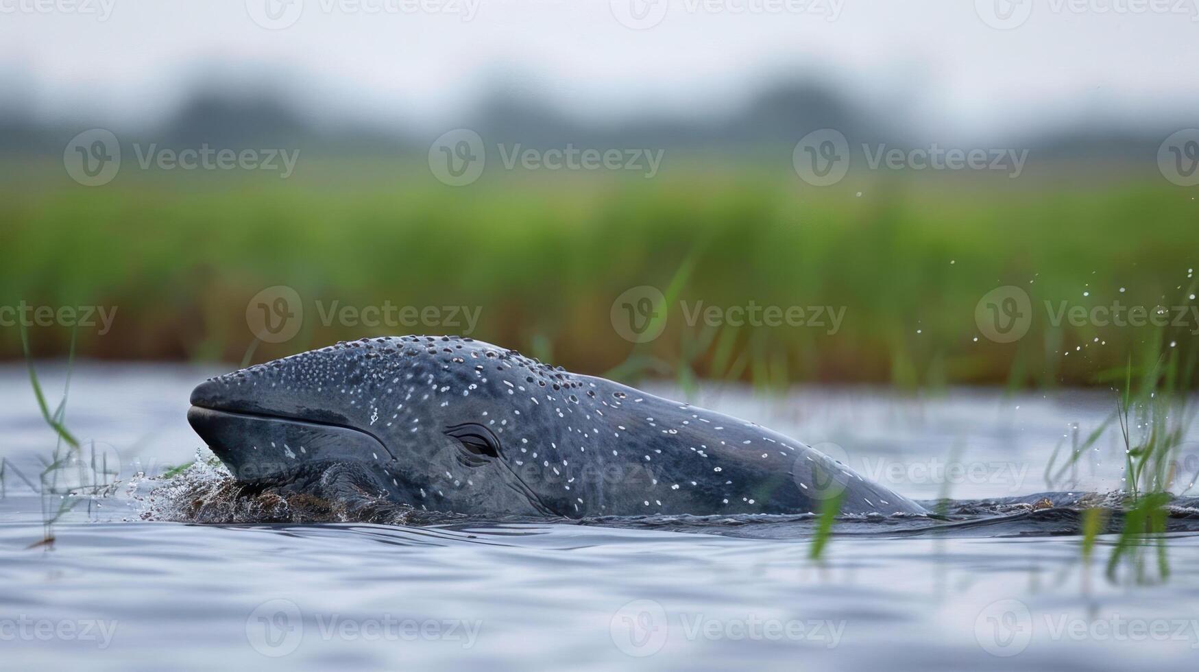 Close-up of a playful river dolphin swimming through lush green wetlands during a serene day photo