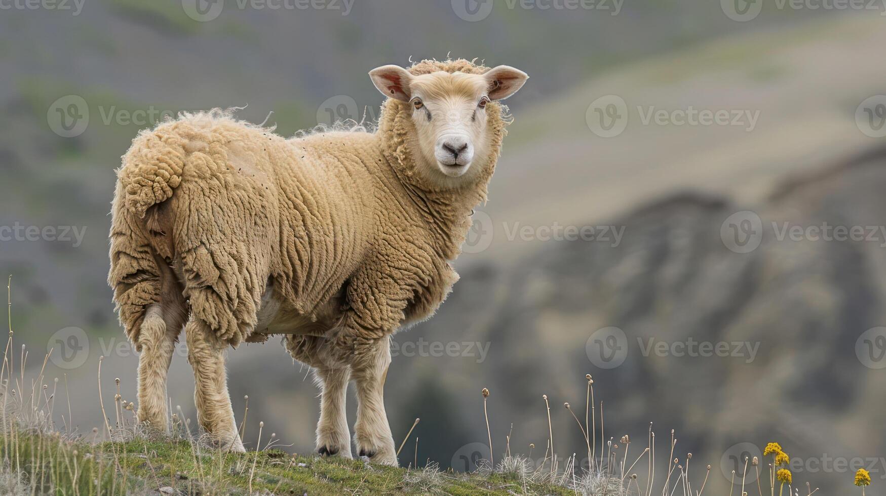 Sheep standing on a hillside with a blurred landscape in the background, showcasing nature's beauty photo