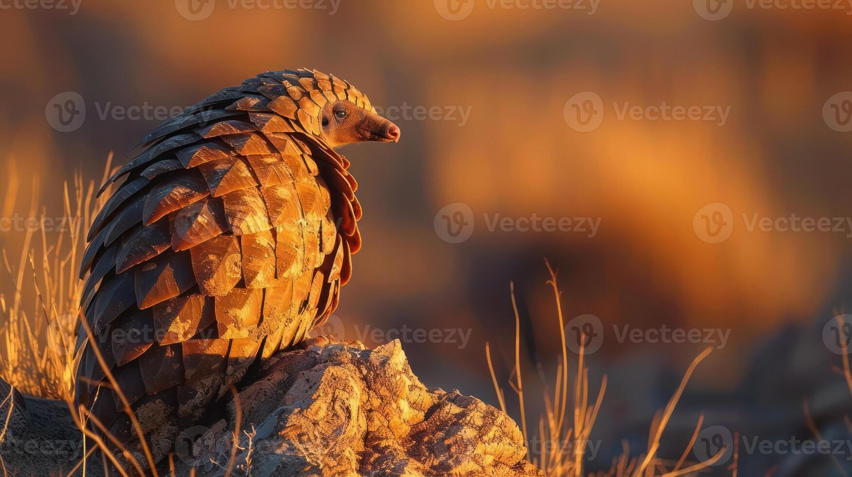 A pangolin perched on a rock during sunset, surrounded by golden grass and soft light photo