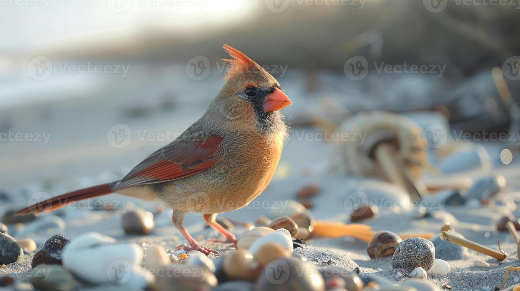 A female cardinal perched on a sandy beach surrounded by seashells and pebbles at sunset photo