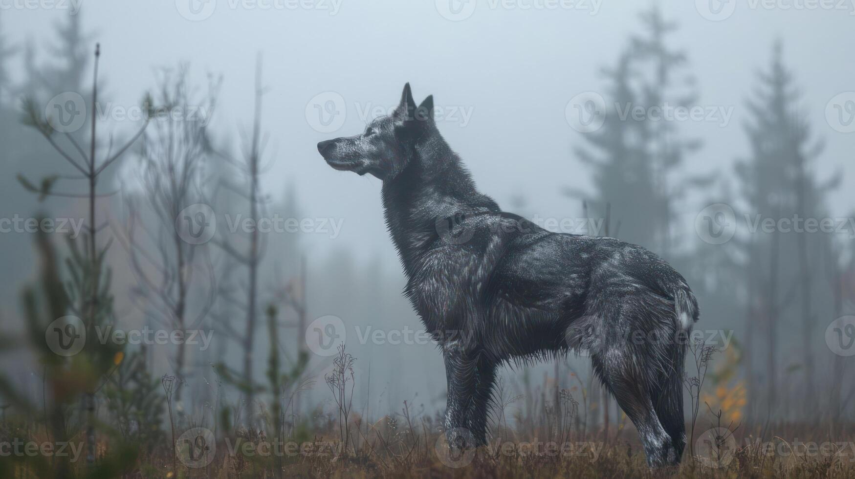 Majestic wolf stands alert in a misty forest, surrounded by tall trees and muted autumn colors photo