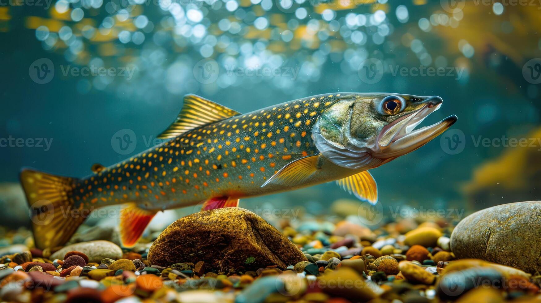 Underwater scene featuring a vibrant fish swimming among colorful pebbles and stones photo