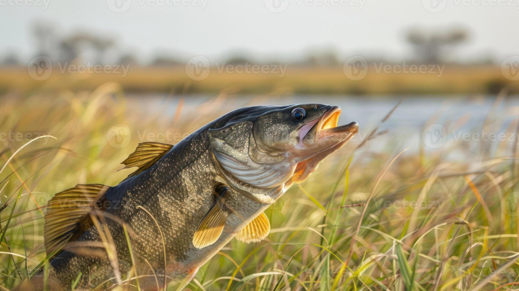 Largemouth bass leaping from tall grass near a serene lake at sunset, showcasing nature's beauty photo