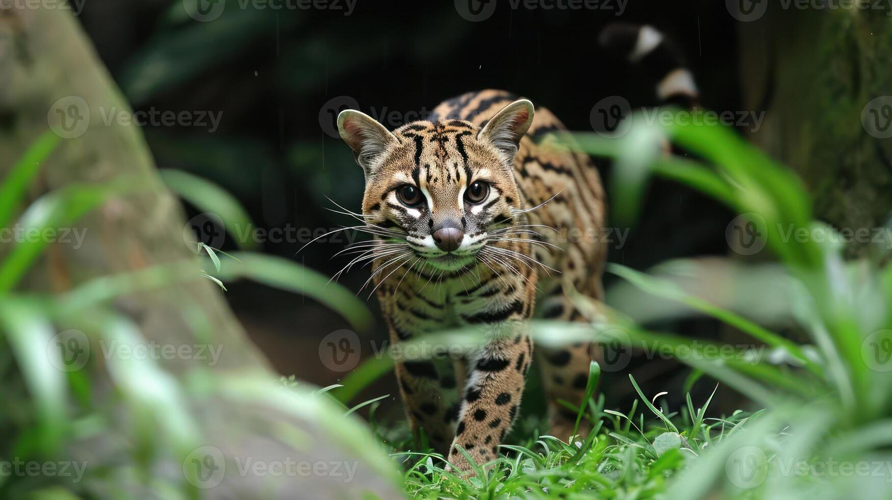 A wild ocelot prowls through lush green vegetation in a tropical habitat, showcasing its striking coat photo