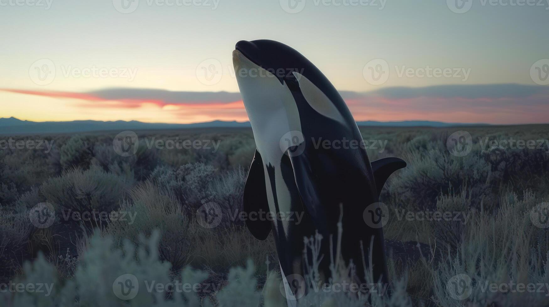 A surreal scene of a whale sculpture standing in a desert landscape at sunset, evoking wonder photo