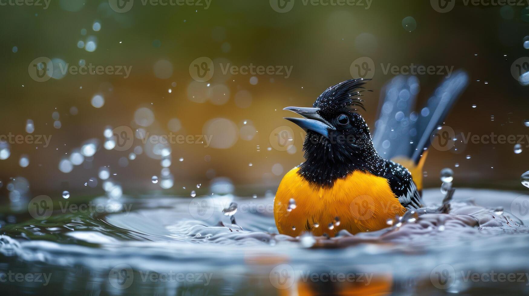 Vibrant orange bird splashing in water, surrounded by droplets, in a serene natural setting photo