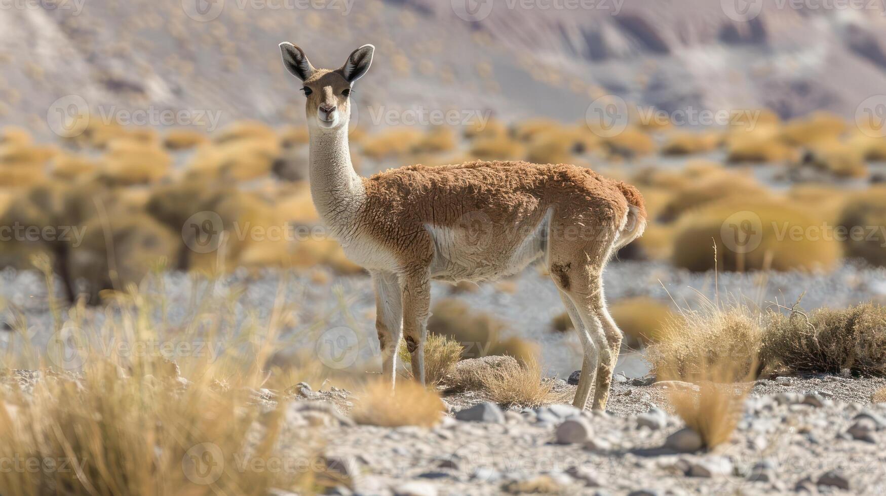 A solitary guanaco stands gracefully in a desert landscape, surrounded by golden grasses and rocky terrain photo