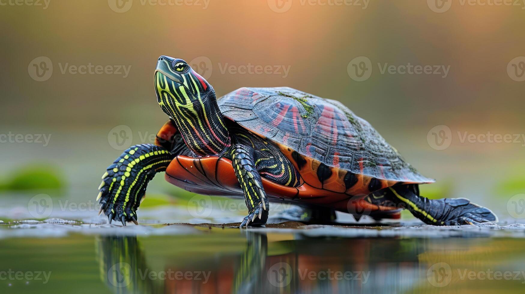 Colorful turtle basking on a rock near the water's edge, surrounded by lush greenery photo