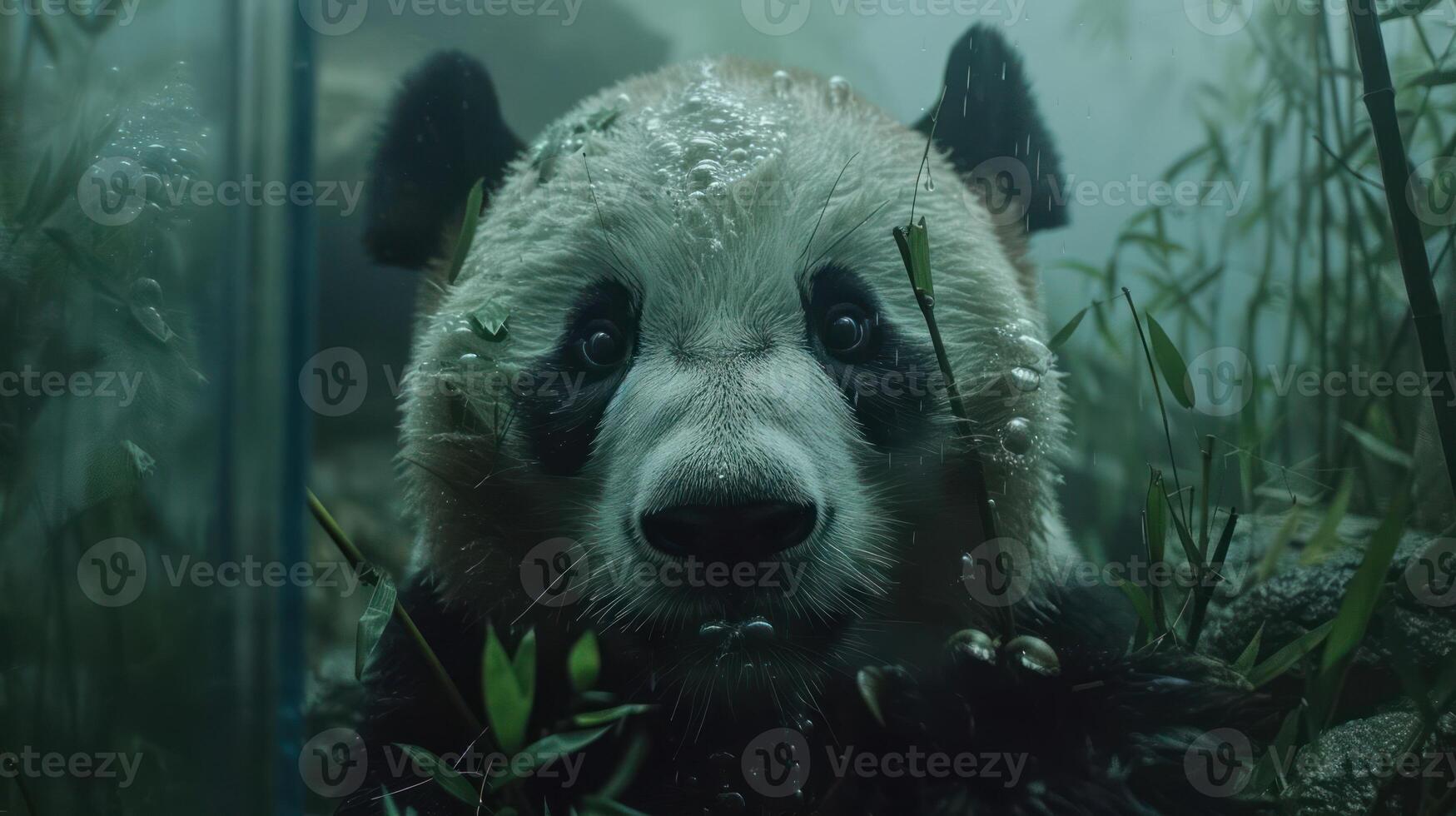 Close-up of a panda underwater surrounded by bamboo, with droplets on its fur and a serene backdrop photo