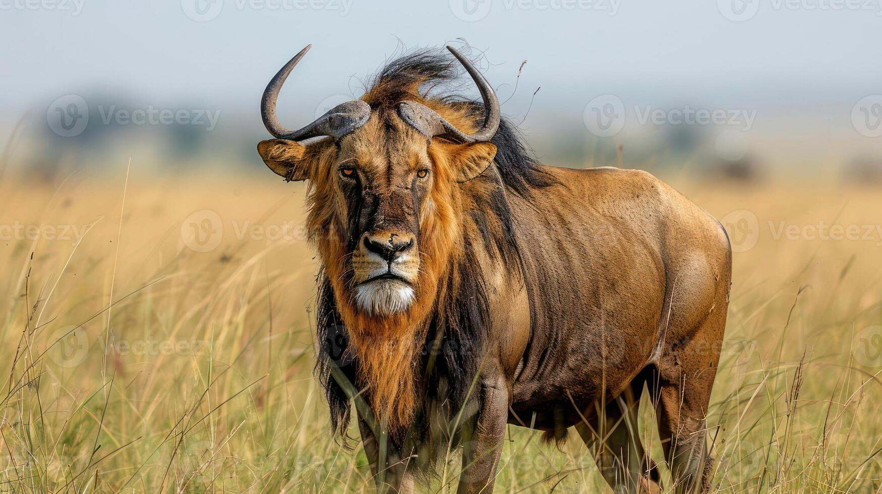 Majestic lion resting in golden grassland under a clear sky, with distant wildlife in background photo