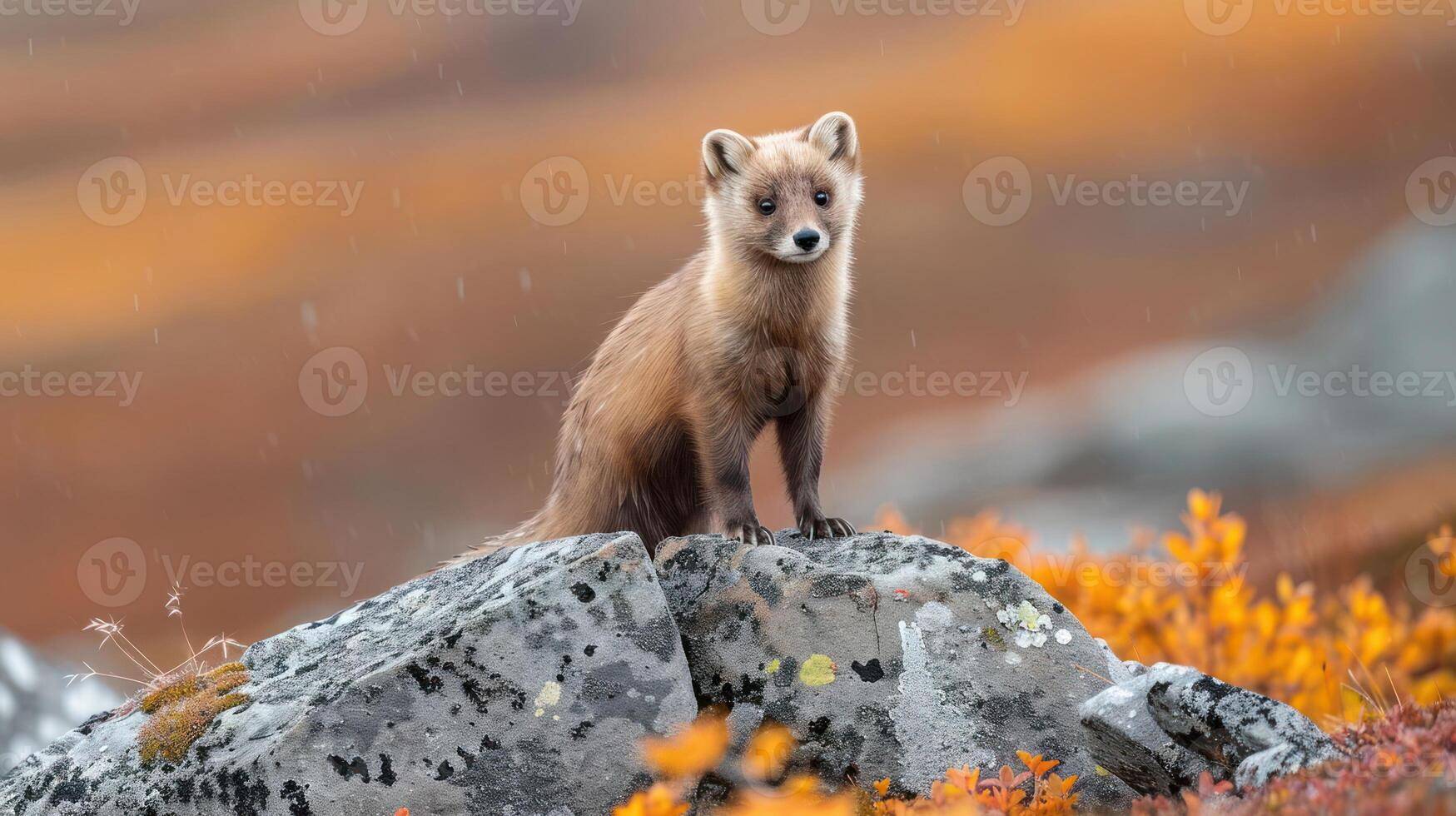 A solitary marten perched on a rock amidst vibrant autumn foliage in a serene landscape photo