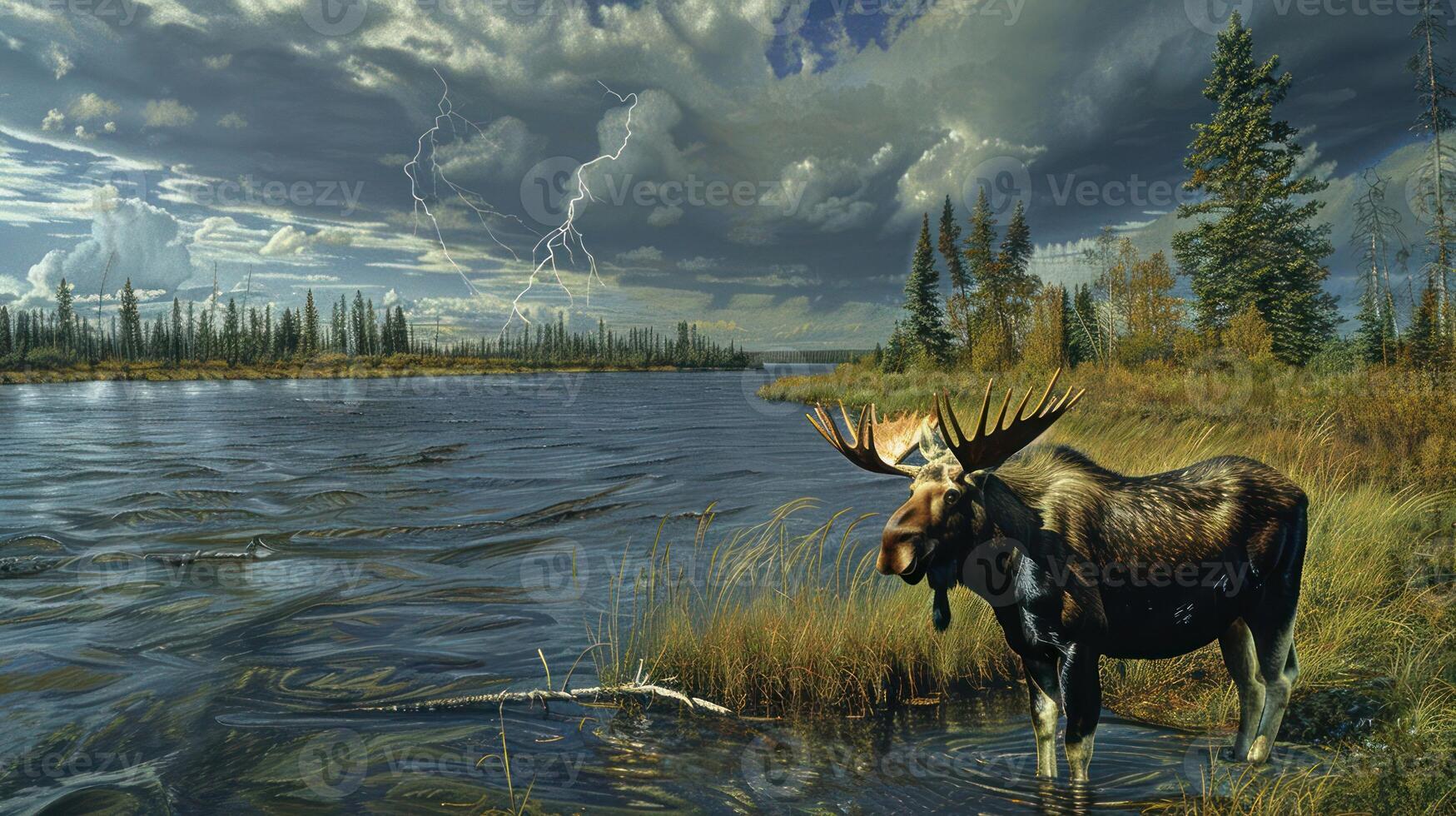 Majestic moose standing by a serene lake under a stormy sky with lightning in the background photo