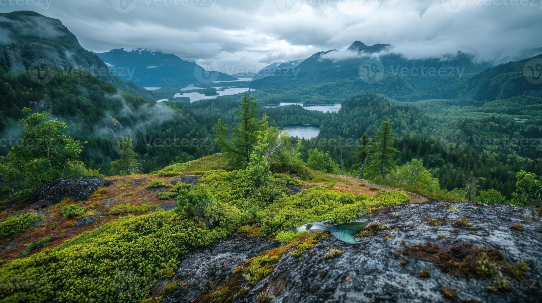 Scenic view of lush green mountains and lakes under a cloudy sky in a tranquil wilderness setting photo