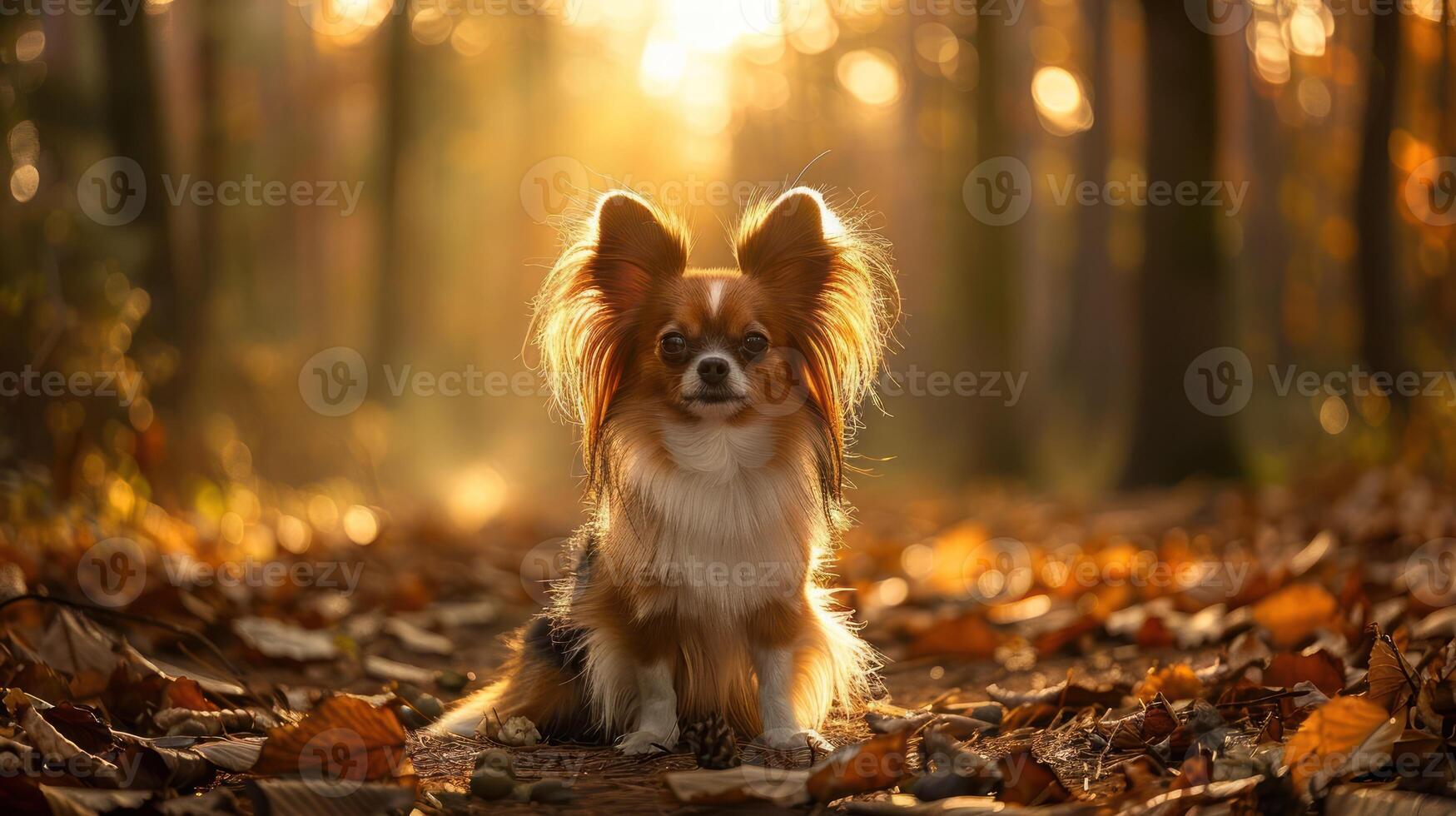 A small dog with fluffy fur sitting on a leaf-covered path in a sunlit autumn forest photo