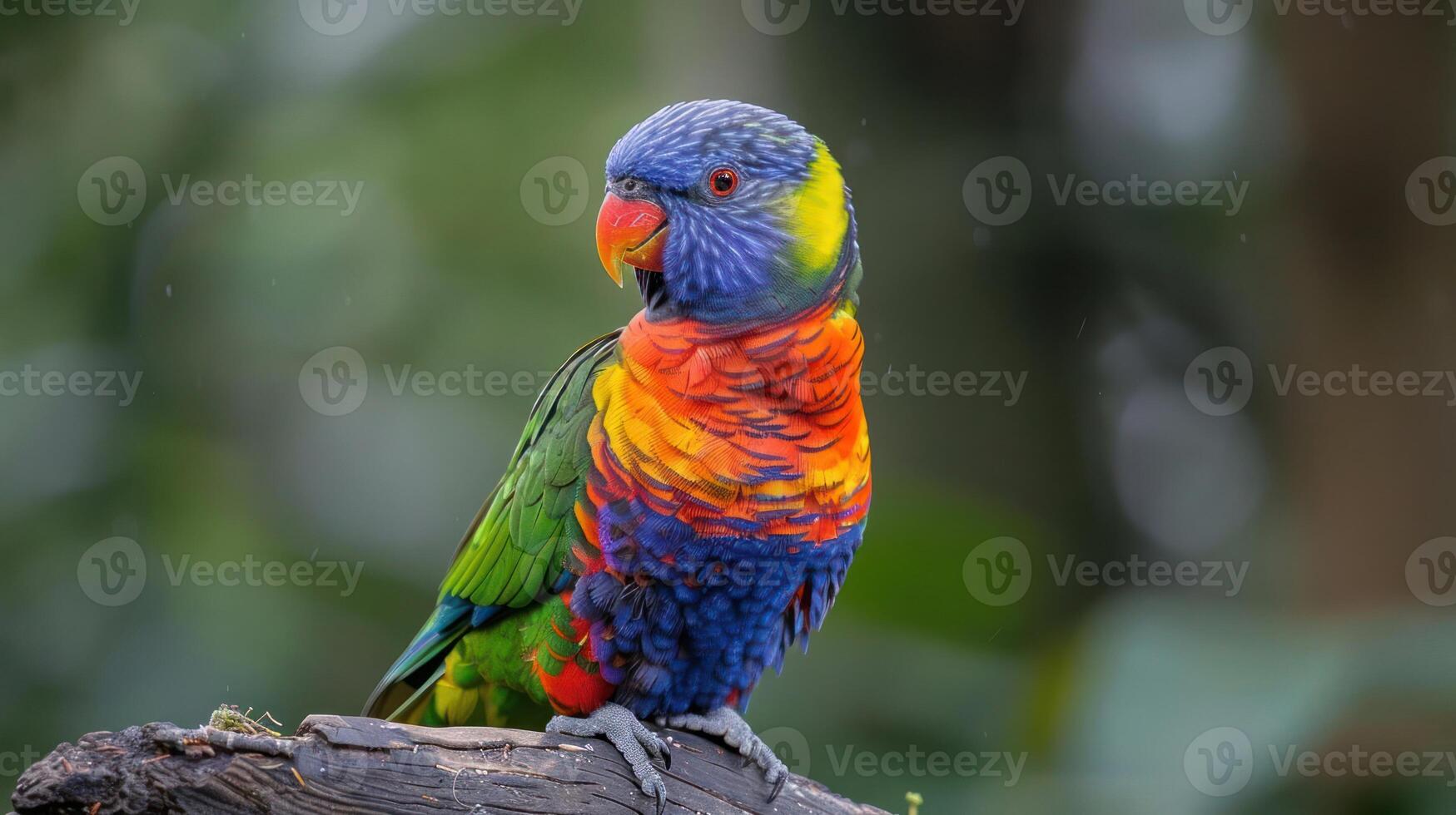 Vibrant rainbow lorikeet perched on a branch amidst lush greenery in a natural habitat photo