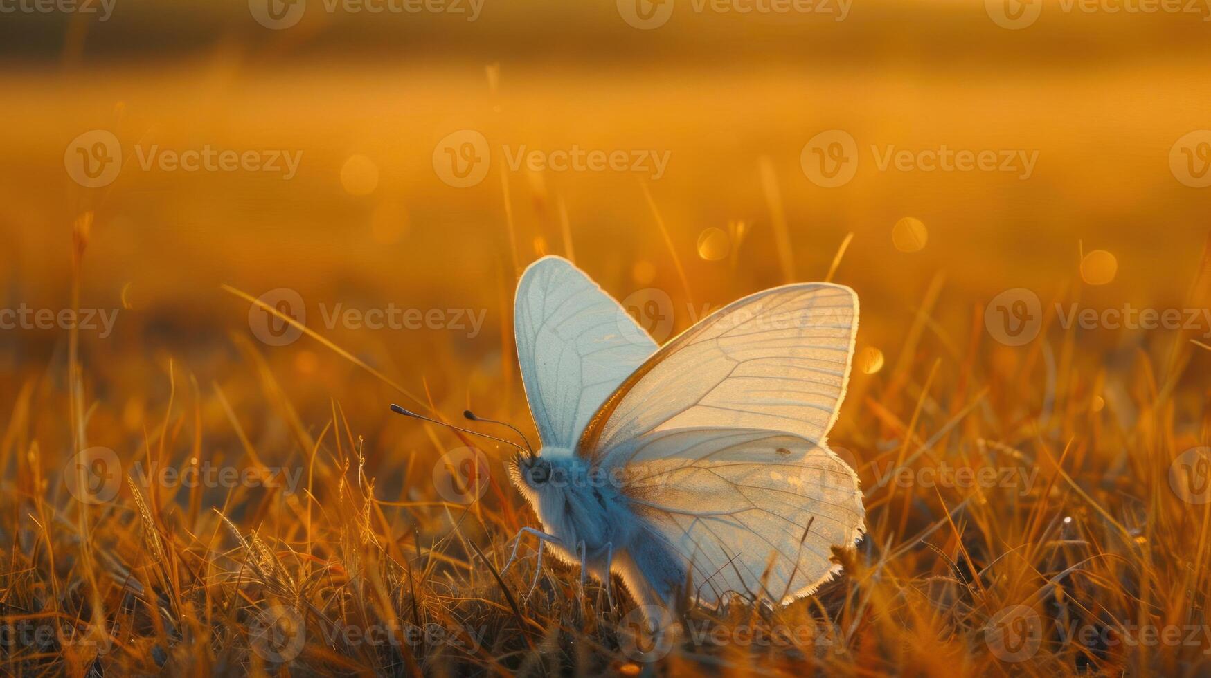 Delicate white butterfly perched on golden grass during sunset, with a warm glow in the background photo