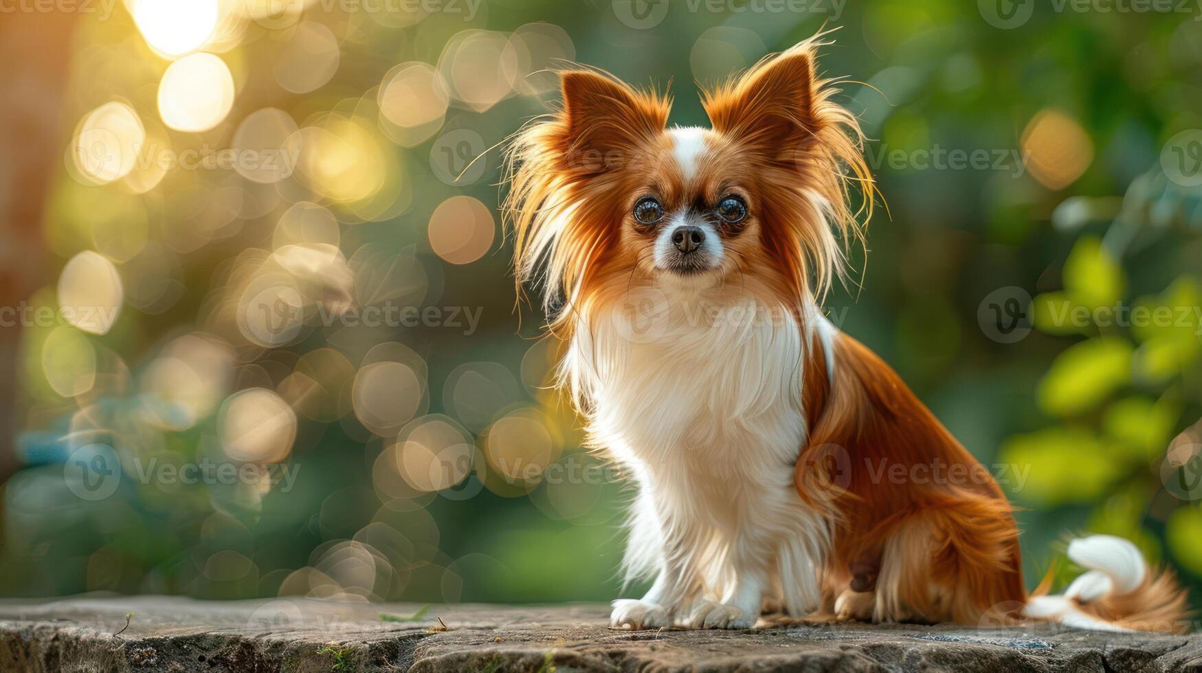 A charming Chihuahua dog sits gracefully on a stone ledge amidst a blurred green garden background photo