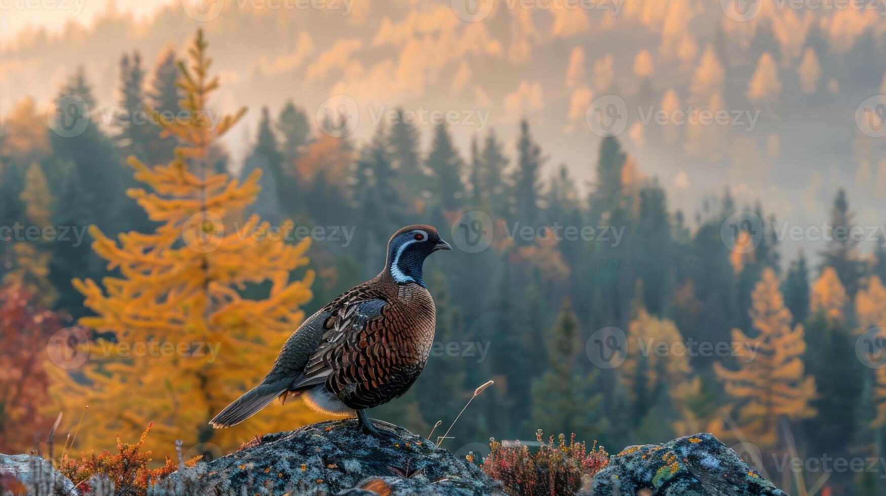 A solitary bird perched on a rock amidst vibrant autumn foliage in a serene forest setting photo