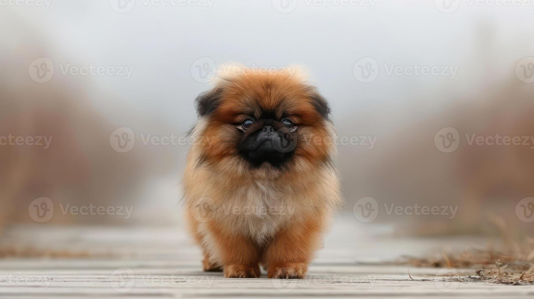 A fluffy Pekingese dog standing on a foggy wooden pathway surrounded by blurred nature photo