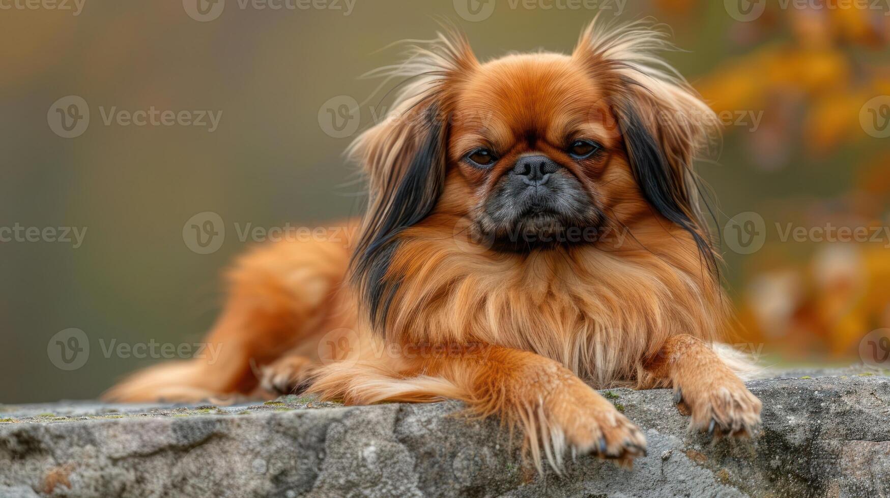 A serene Pekingese dog resting on a stone wall amidst autumn foliage in a tranquil setting photo
