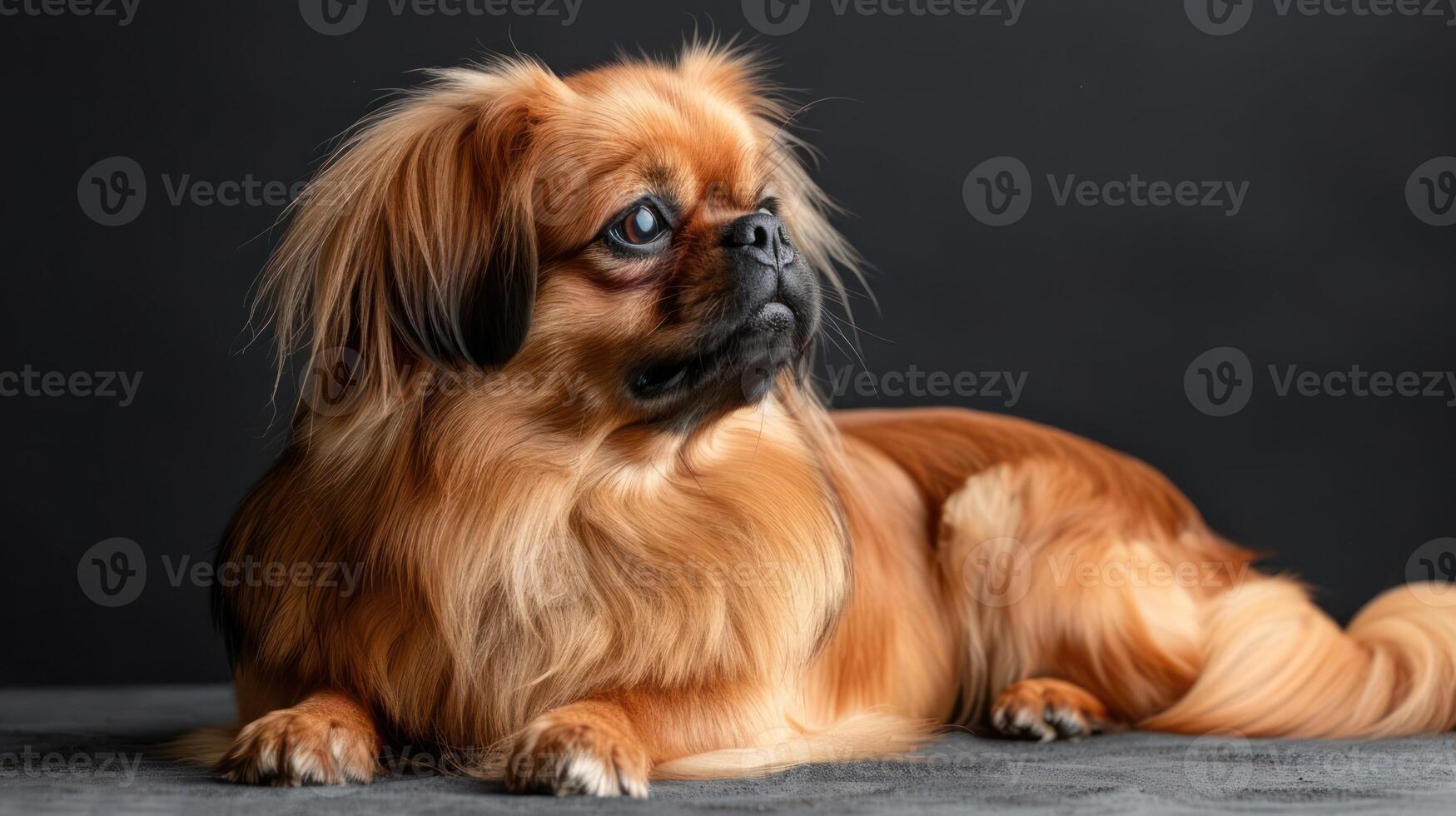 A regal Pekingese dog resting gracefully on a dark surface, showcasing its luxurious fur and calm demeanor photo
