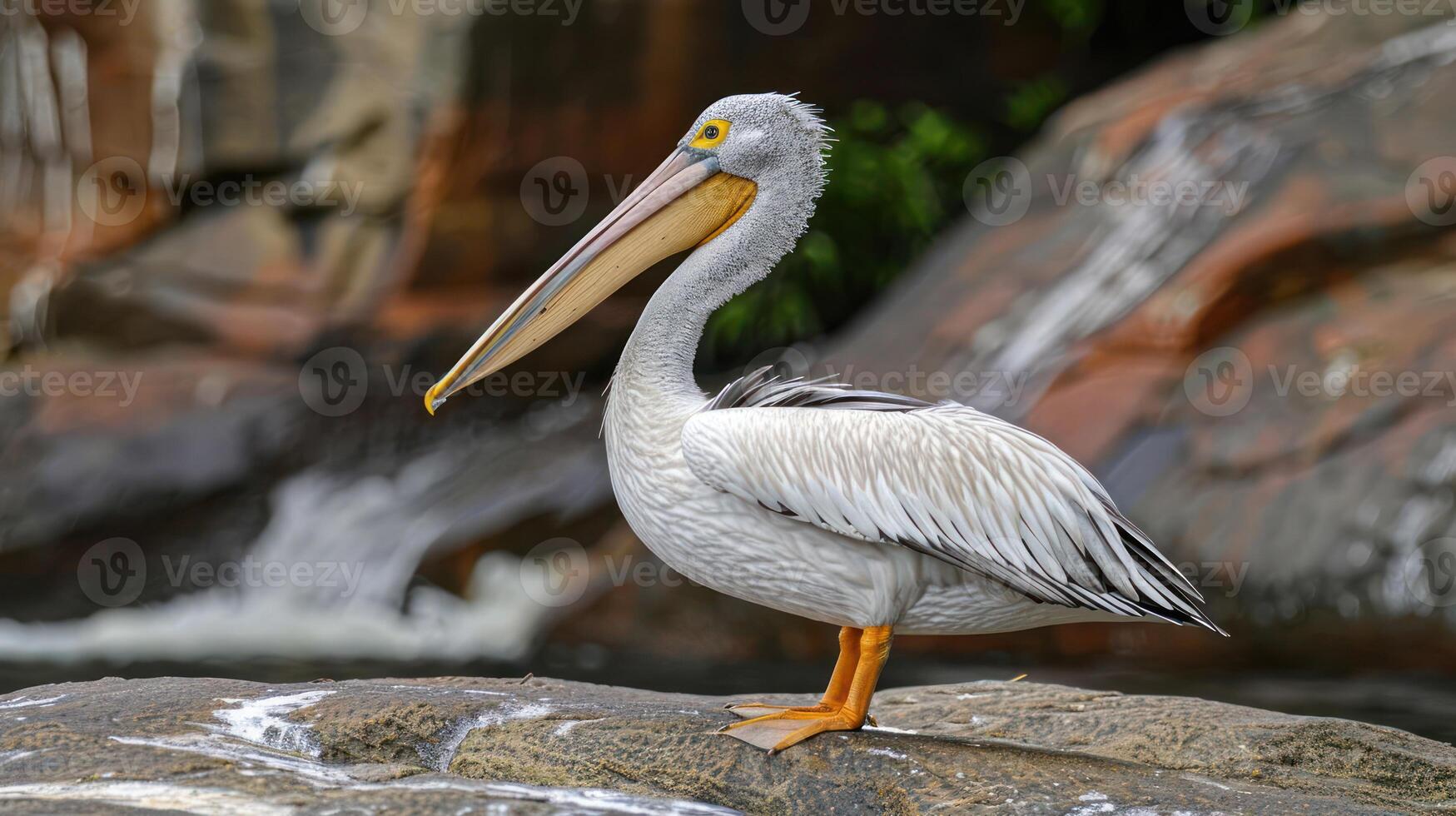 Pelican perched on a rocky shore near a waterfall, surrounded by lush greenery and natural beauty photo