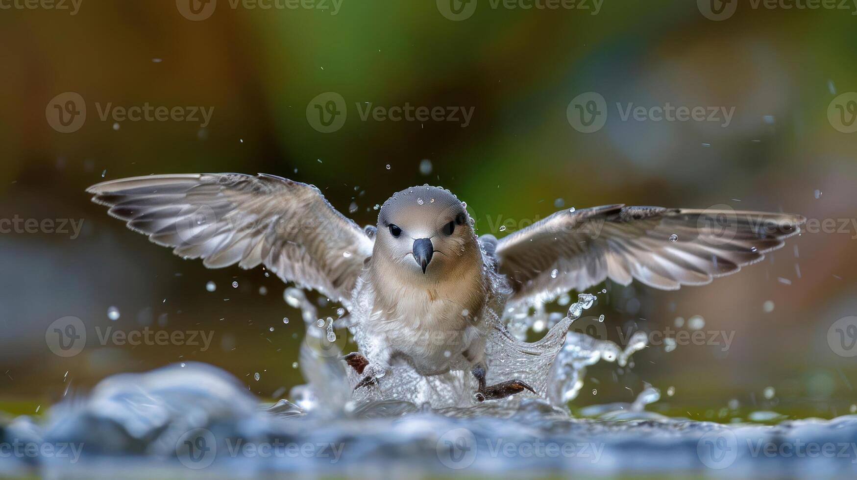 Bird diving into water with wings spread, creating splashes, surrounded by a lush natural background photo