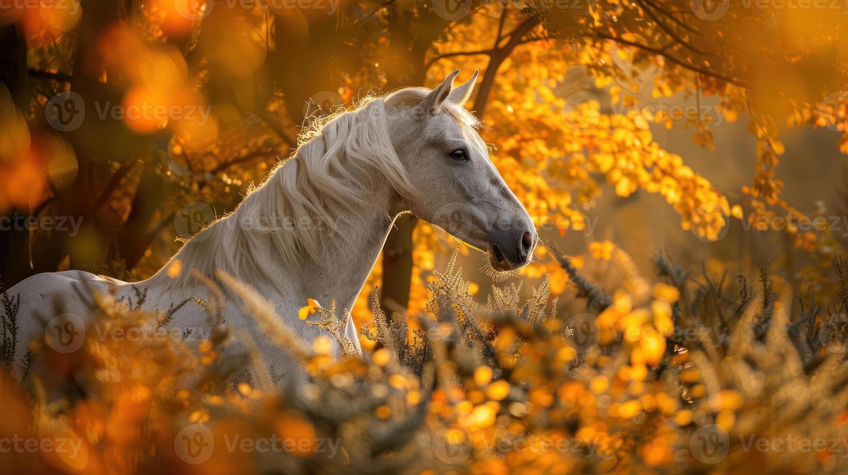 Majestic white horse amidst vibrant autumn foliage, capturing serene beauty in nature photo