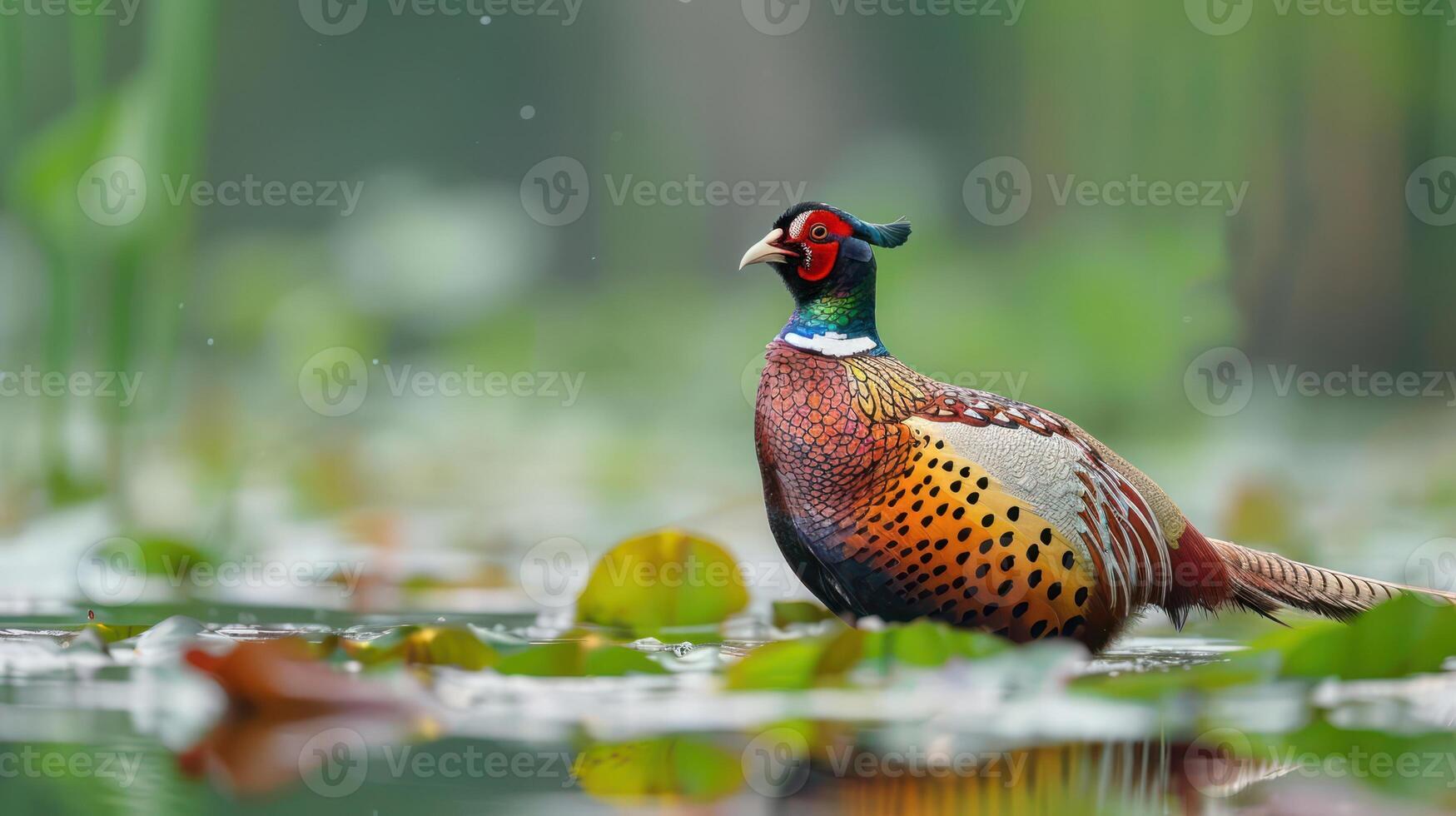 Colorful pheasant standing gracefully in a serene wetland surrounded by lush greenery photo