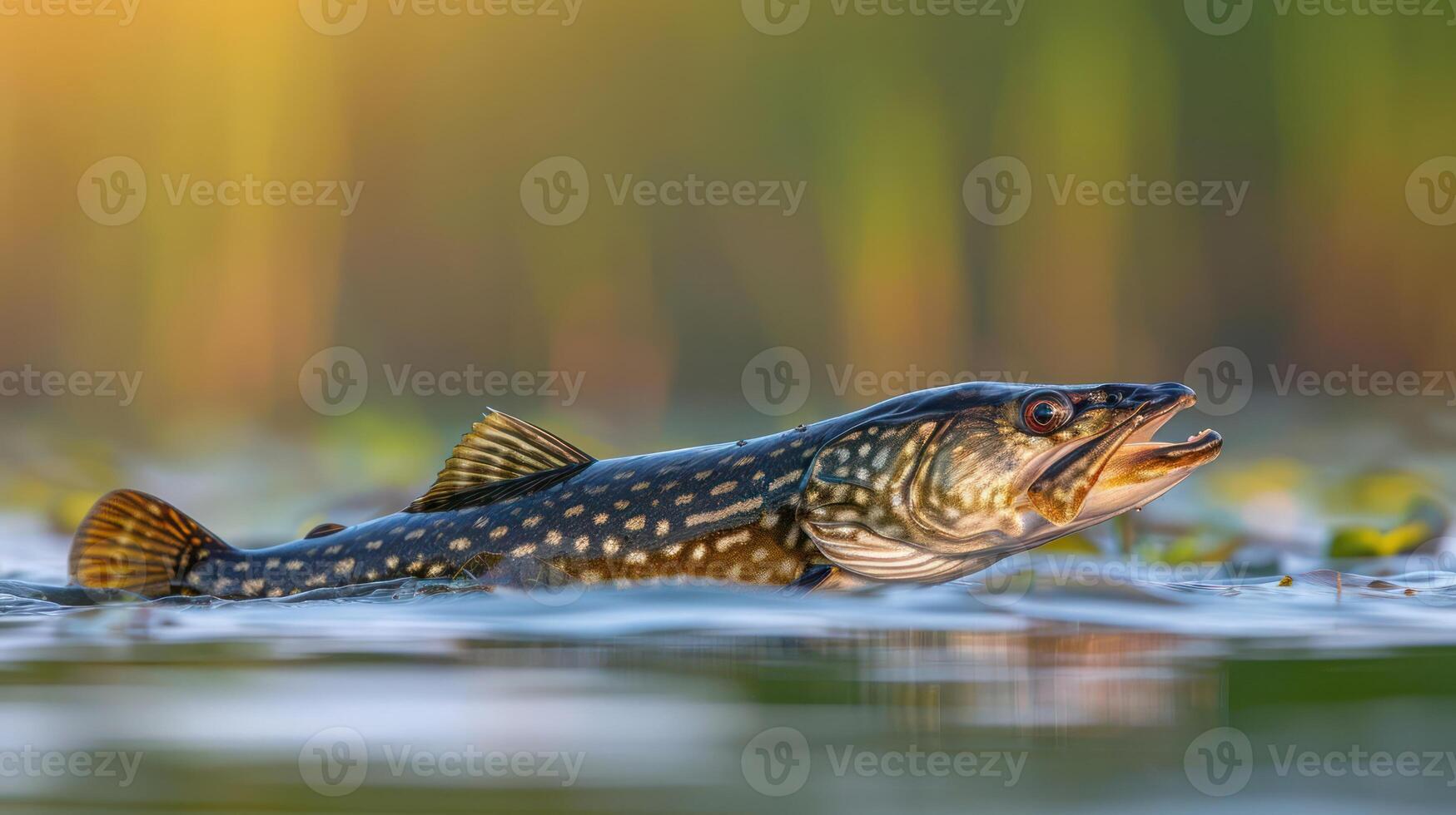 A close-up of a pike swimming through a tranquil water surface surrounded by lush greenery photo