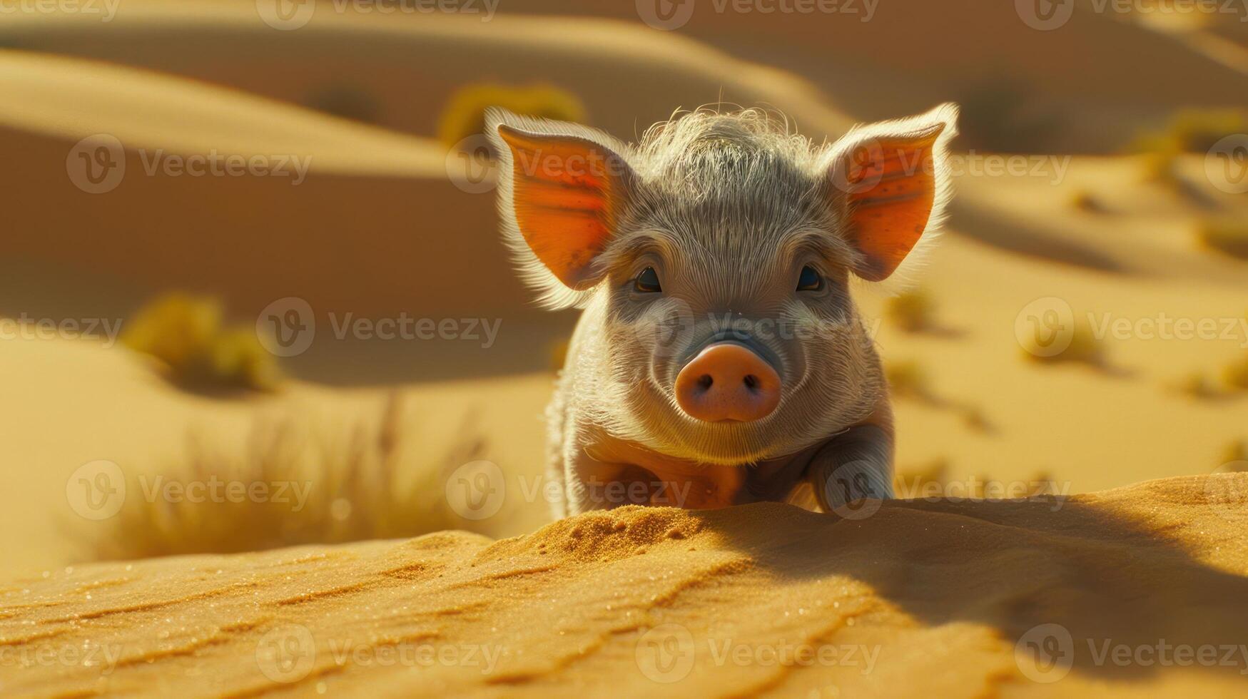 A curious piglet exploring the sandy dunes under a bright sun in a desert landscape photo