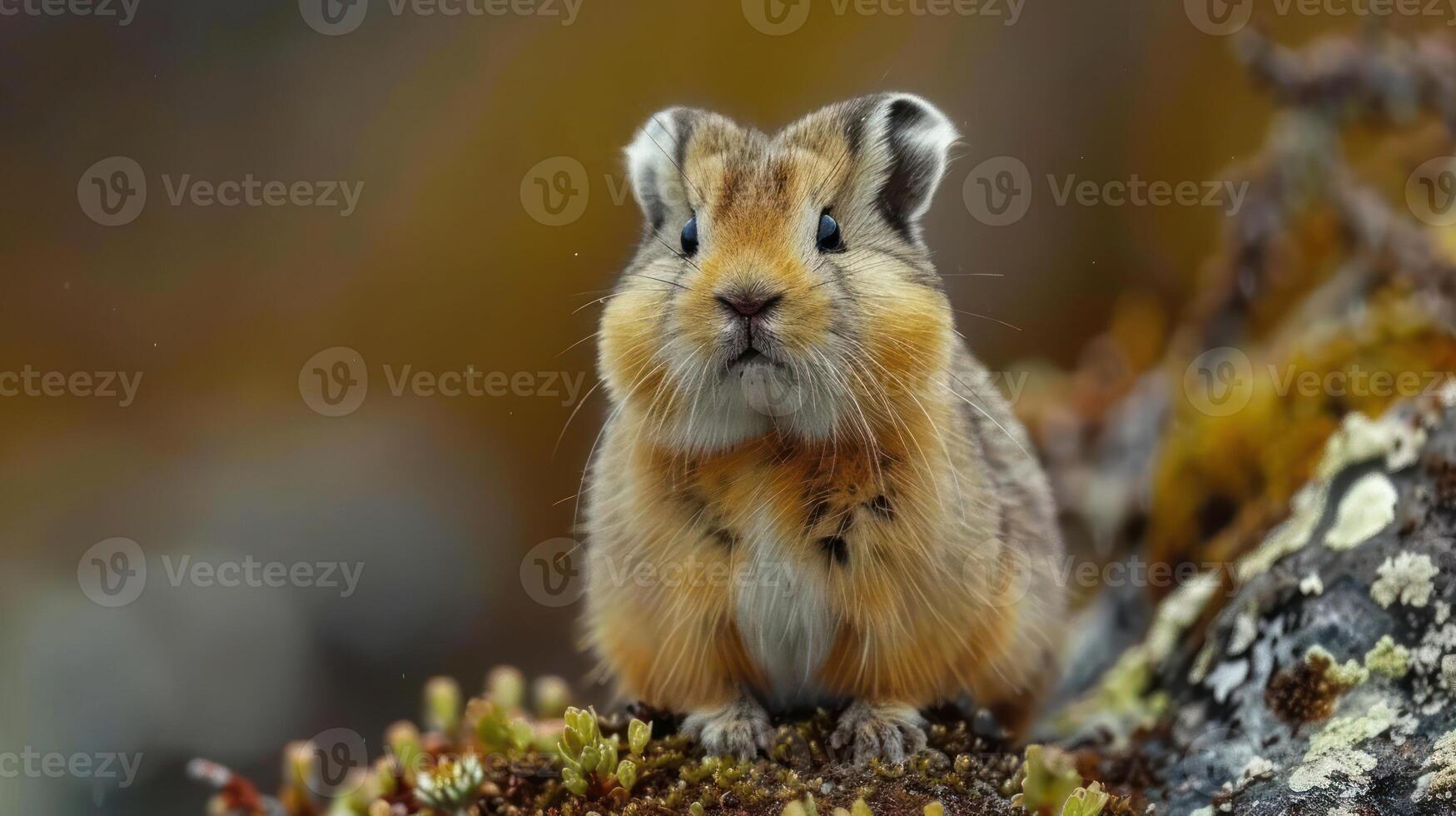 A close-up of a fluffy rabbit sitting on mossy ground in a vibrant natural landscape photo