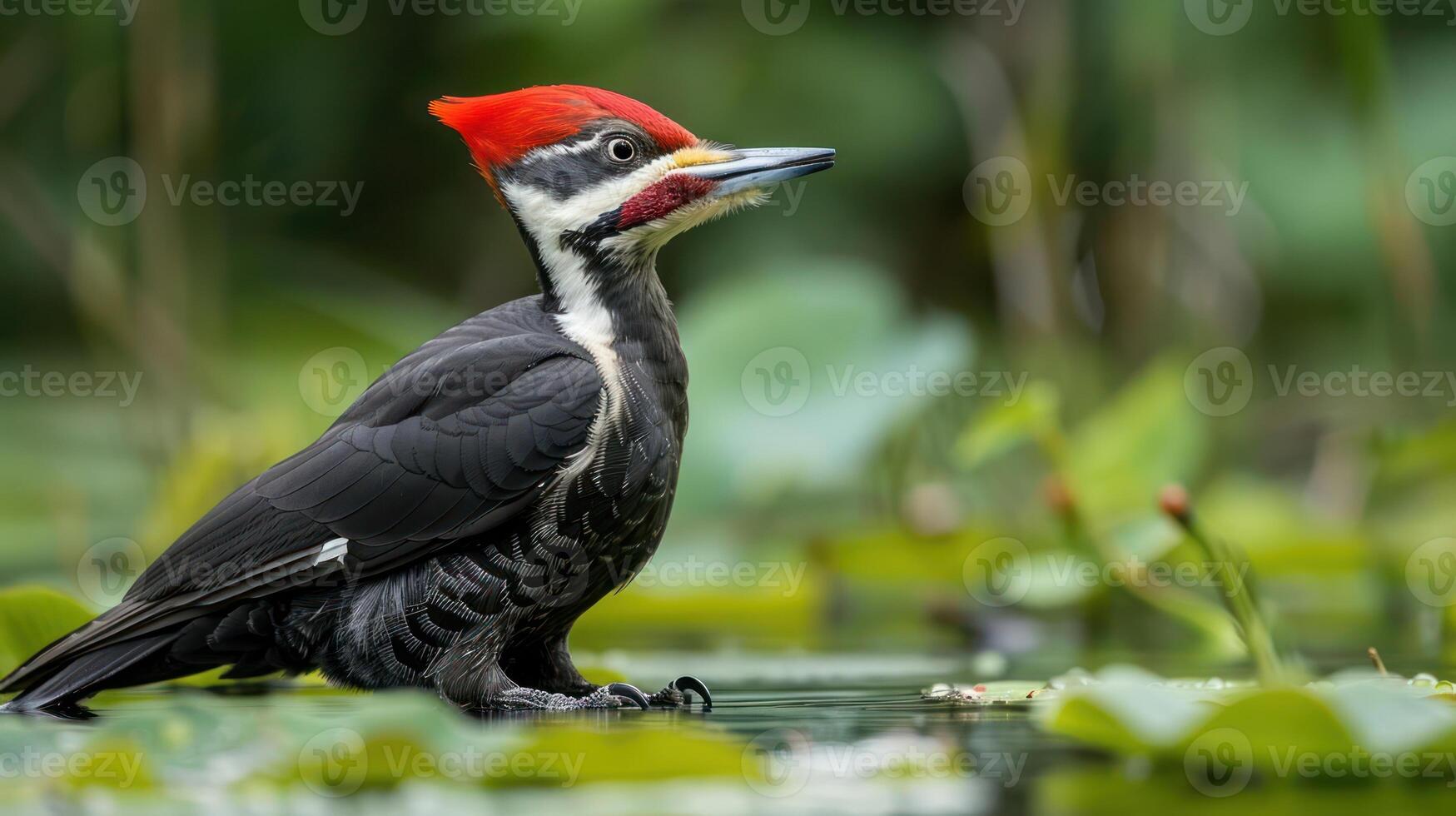 A striking woodpecker perched on a lily pad amidst lush green foliage in a tranquil wetland photo