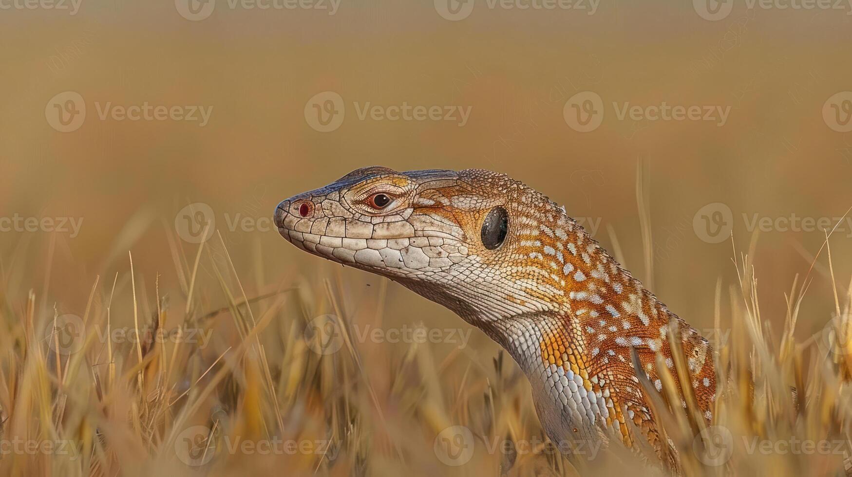 Close-up of a vibrant lizard in a golden grassland, showcasing intricate patterns and textures photo