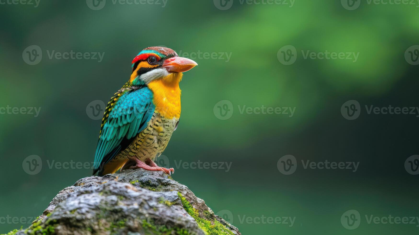Vibrant bird perched on a moss-covered rock, surrounded by a lush green background, showcasing nature's beauty photo