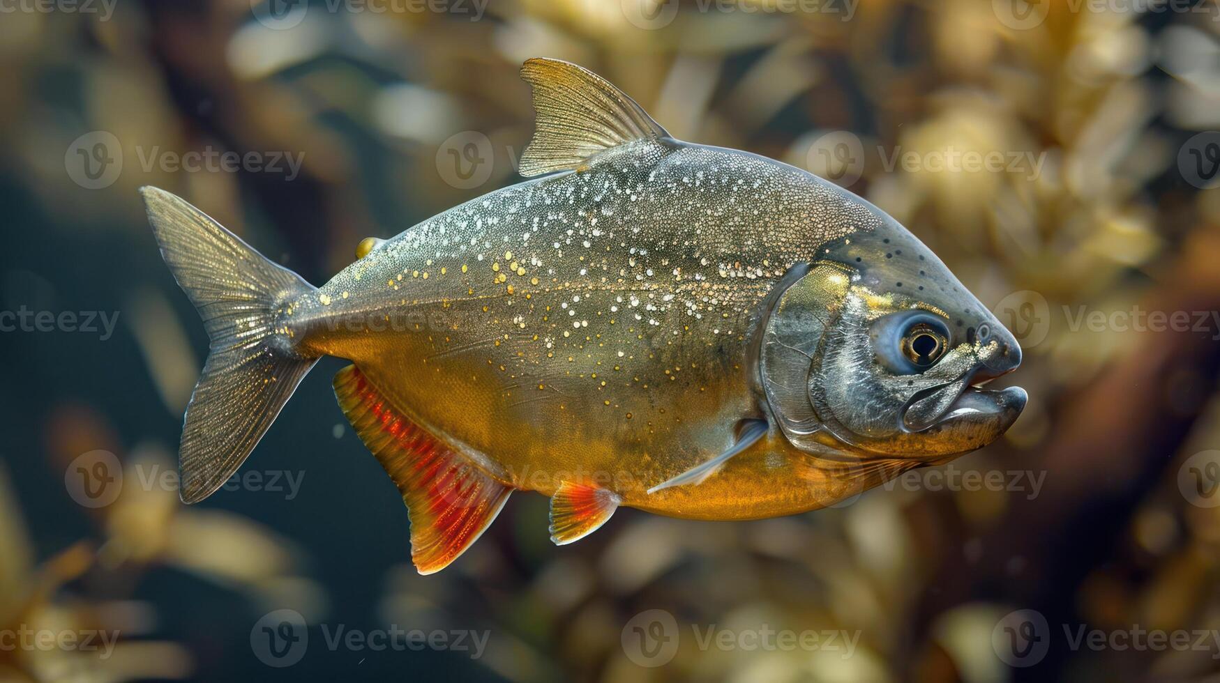Vibrant underwater scene featuring a piranha swimming among lush aquatic vegetation photo