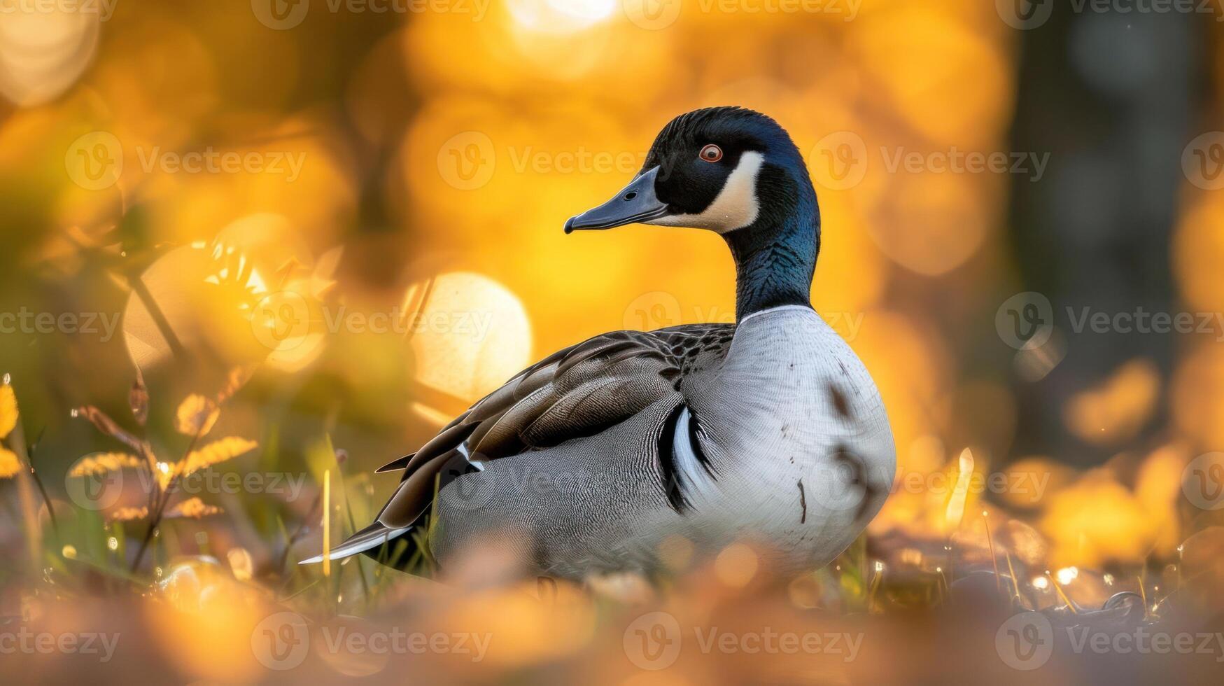 A serene duck resting among golden autumn leaves, with soft bokeh in the background photo