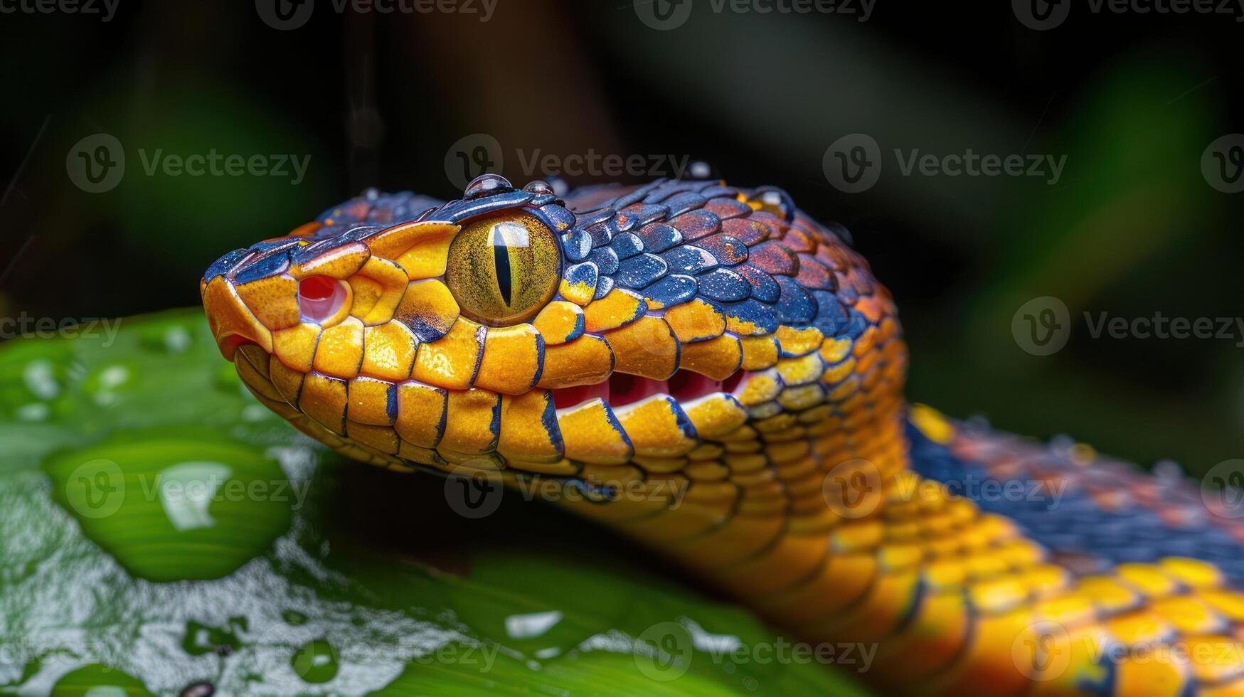 Vivid close-up of a colorful snake resting on a leaf, surrounded by lush green foliage in nature photo