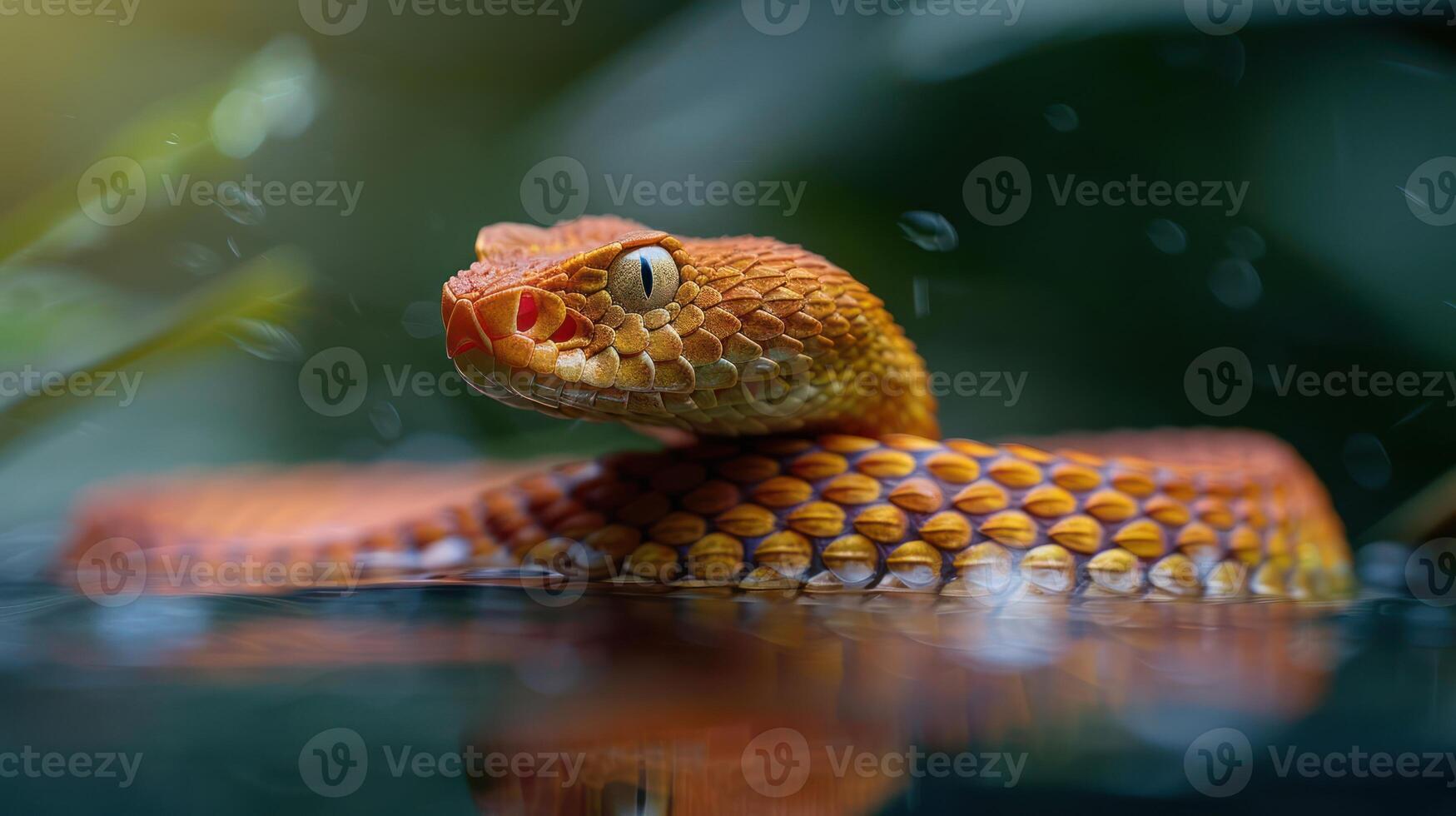 Vibrant orange snake swimming in tranquil water, surrounded by lush greenery and soft light photo