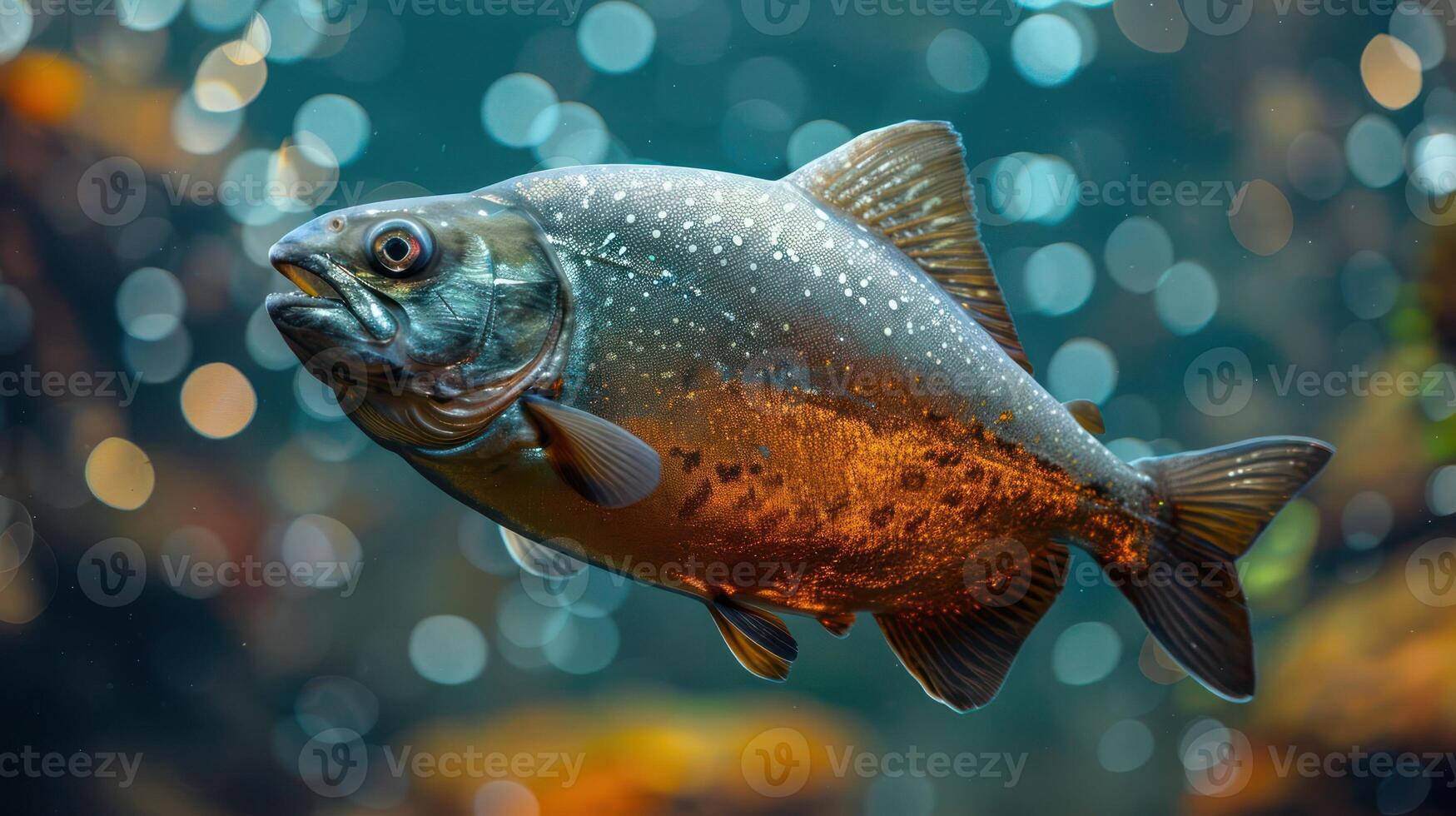A vibrant underwater scene featuring a swimming fish amidst shimmering bubbles and aquatic plants photo