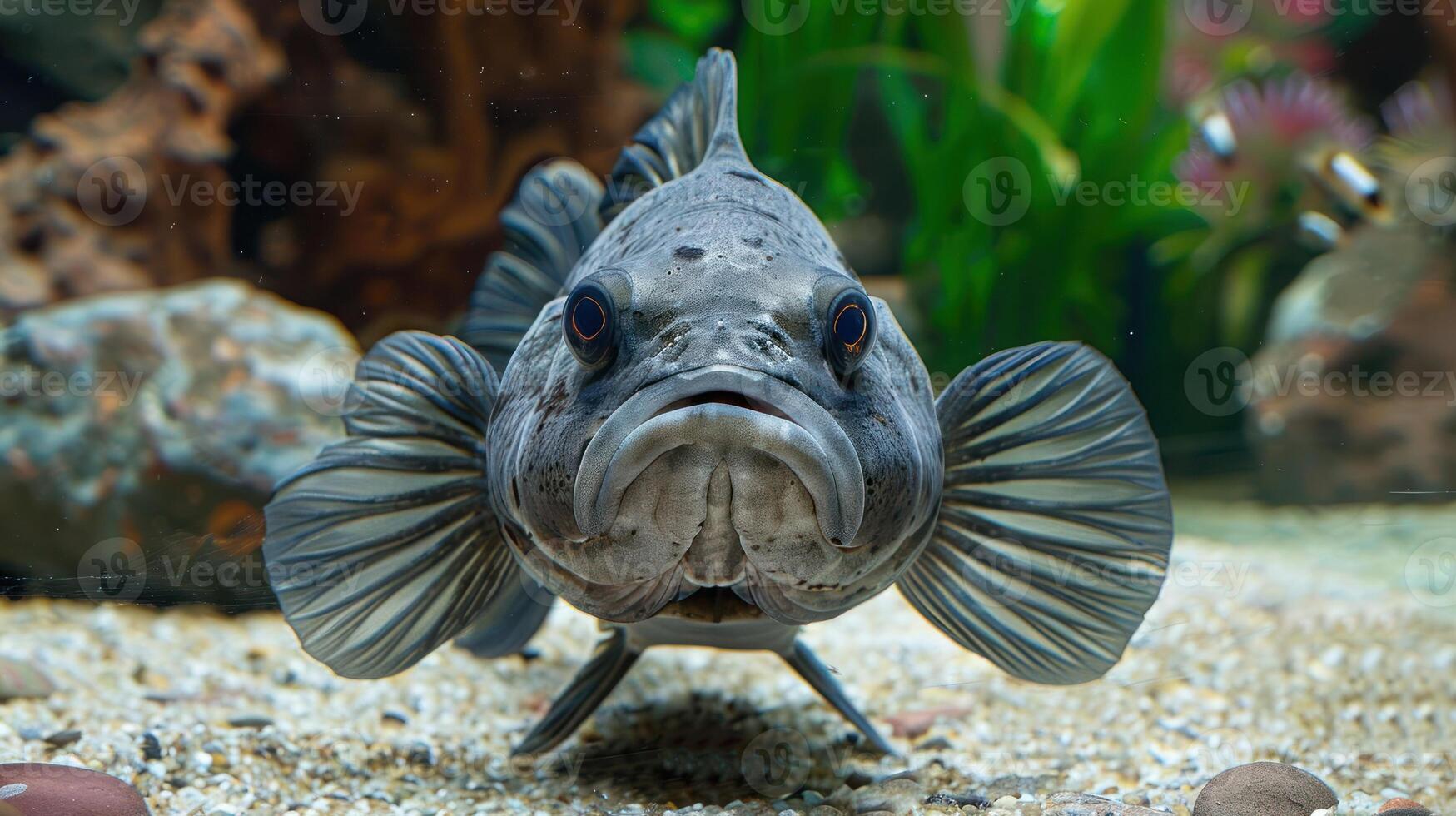 Close-up of a fish swimming in a vibrant aquarium with colorful plants and rocks photo