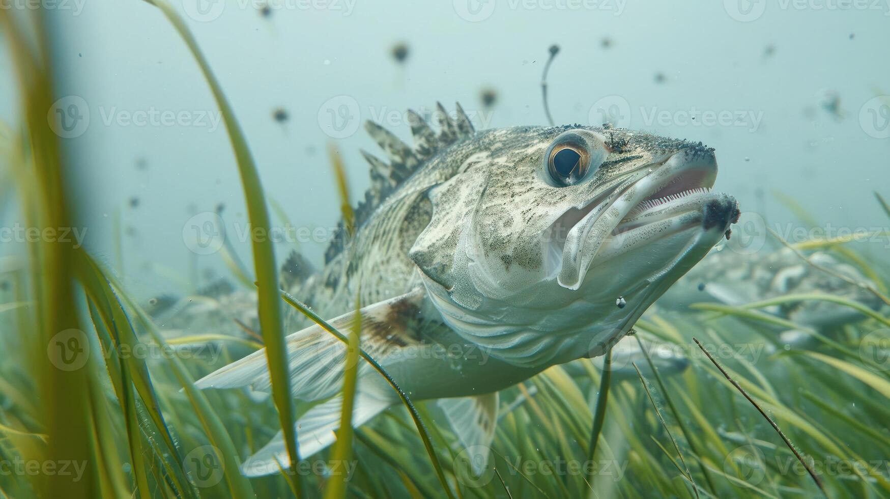 Underwater scene featuring a fish swimming through aquatic vegetation in a serene environment photo