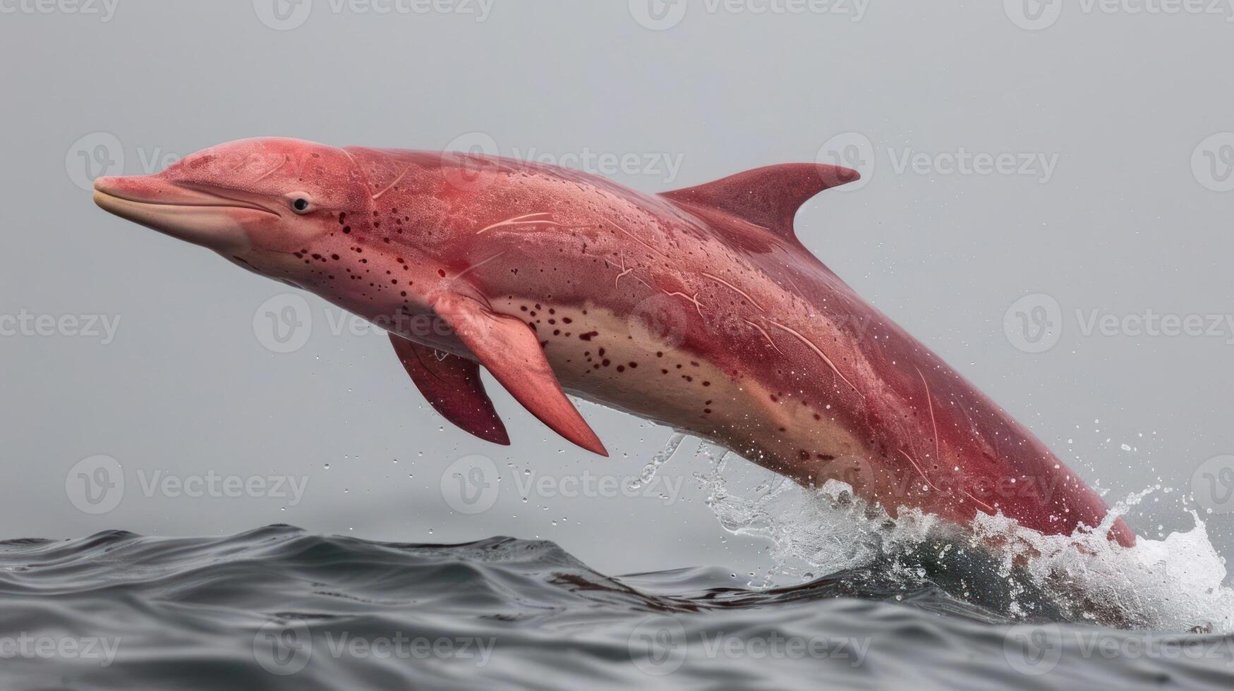 A vibrant pink river dolphin leaps from the water, showcasing its unique coloration and agility photo