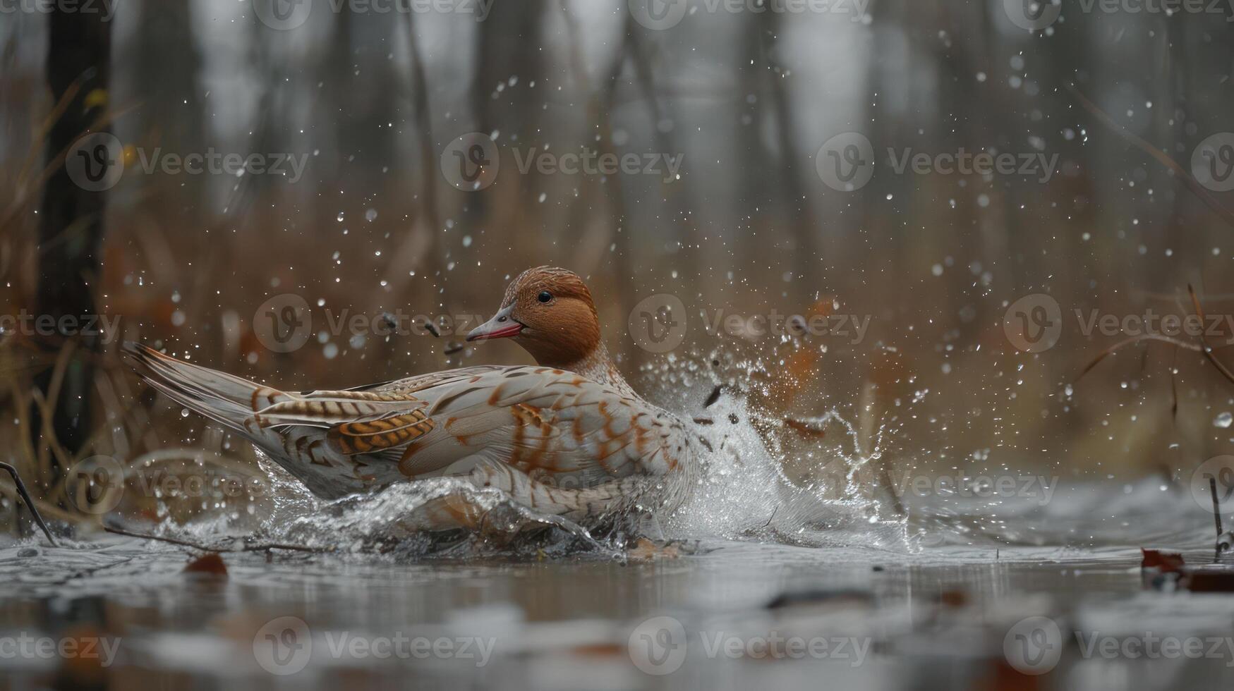 A serene scene of a duck splashing in a rain-soaked wetland, surrounded by autumn foliage photo