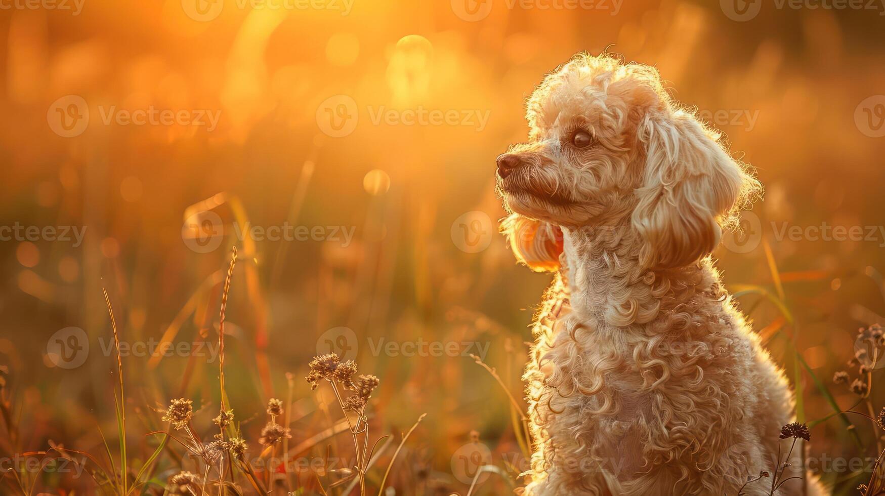 A fluffy dog sits gracefully in a sunlit field during golden hour, surrounded by soft grass photo