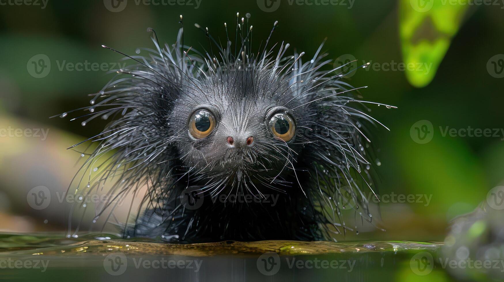 Close-up of a unique, furry aquatic creature emerging from water in a lush, vibrant rainforest photo